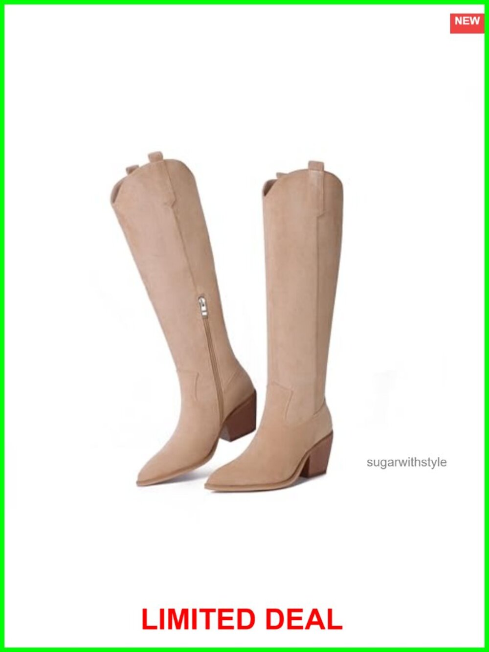 Knee High Cowboy Boots Women Embroidered Chunky Heel Snip Toe Western Boots